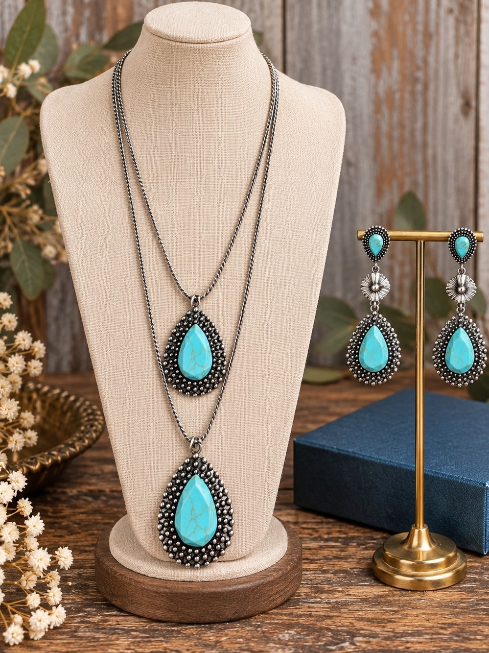 Turquoise Statement Necklace & Earrings Set Double Layer Boho Western